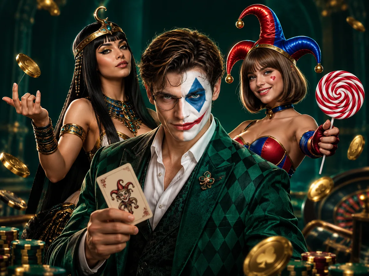 Joker im grünen Anzug mit ägyptischer Königin und bunter Hofnärrin